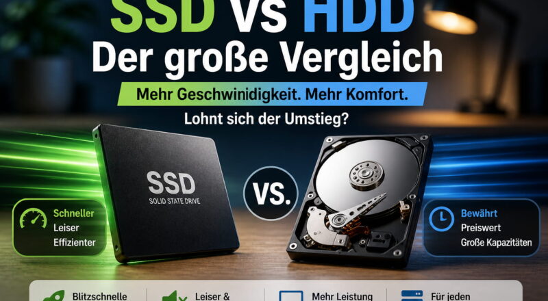 SSD vs HDD Vergleich mit Vorteilen moderner SSD-Festplatten bei Geschwindigkeit, Lautstärke und Alltagseinsatz