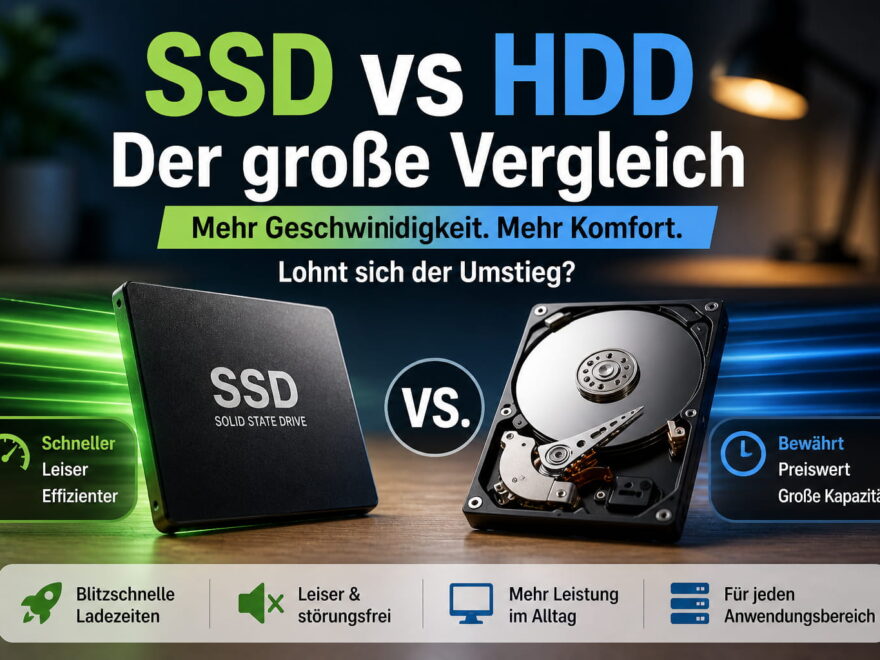 SSD vs HDD Vergleich mit Vorteilen moderner SSD-Festplatten bei Geschwindigkeit, Lautstärke und Alltagseinsatz