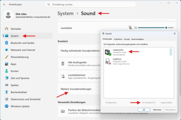 Standardgerät in den Windows-Soundeinstellungen festlegen, wenn kein Ton unter Windows zu hören ist