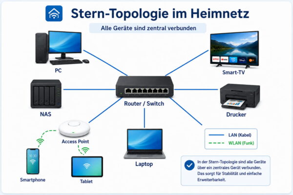 Stern-Topologie im Heimnetz mit Router, Switch und Endgeräten Infografik zur Stern-Topologie im Heimnetz mit zentralem Router oder Switch und verbundenen Geräten wie PC, NAS, Drucker, Smart-TV, Laptop und Access Point