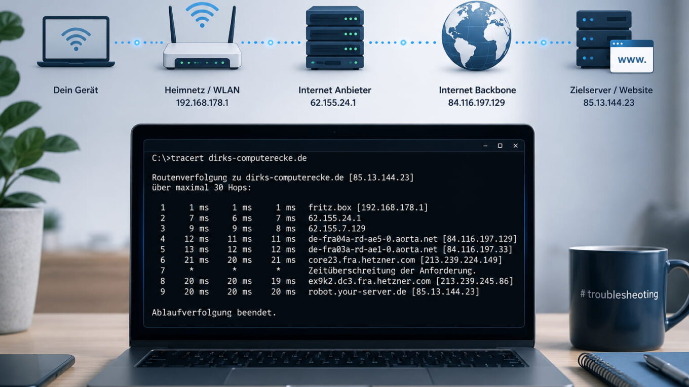 Laptop mit tracert-Ausgabe und Netzwerkpfad von Heimnetz über Internetanbieter bis zum Zielserver