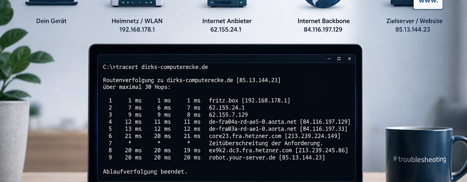 Laptop mit tracert-Ausgabe und Netzwerkpfad von Heimnetz über Internetanbieter bis zum Zielserver