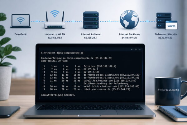 trace route tracert featured Laptop mit tracert-Ausgabe und Netzwerkpfad von Heimnetz über Internetanbieter bis zum Zielserver