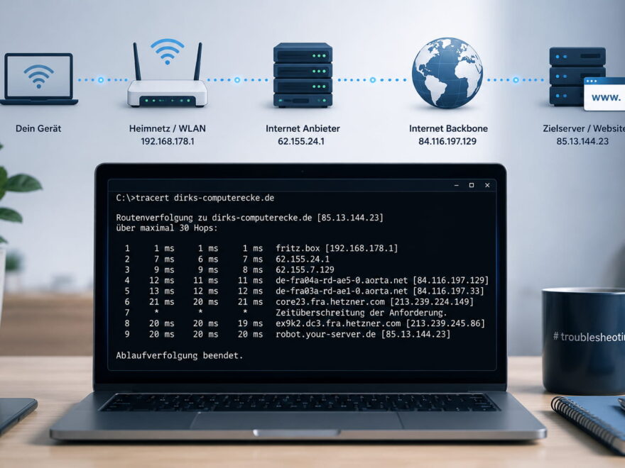 Laptop mit tracert-Ausgabe und Netzwerkpfad von Heimnetz über Internetanbieter bis zum Zielserver