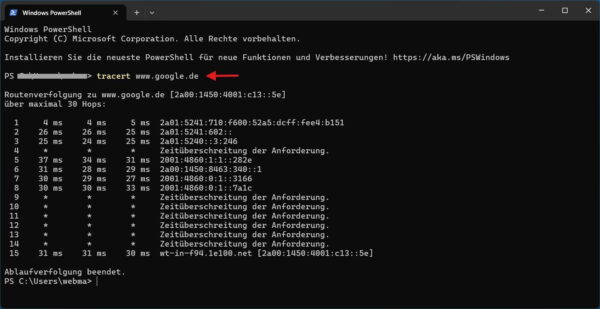 Trace Route mit tracert im Windows Terminal ausführen Windows Terminal mit tracert-Befehl zur Routenverfolgung zu google.de