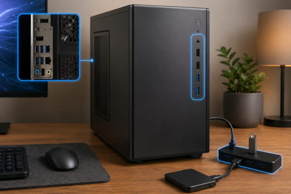 Unterschiede zwischen USB-Anschlüssen am PC Verschiedene USB-Anschlüsse am PC mit Frontanschluss, Rückseite und USB-Hub im Vergleich