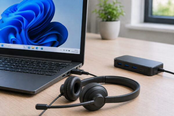 USB-Headset ist direkt am Windows-Laptop angeschlossen