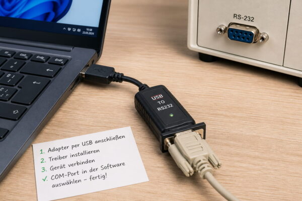 USB-auf-Seriell-Adapter für alte RS-232-Geräte USB-auf-Seriell-Adapter verbindet ein RS-232-Gerät mit einem modernen Laptop