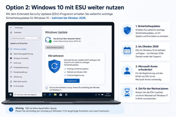 Windows 10 mit ESU weiter nutzen Infografik zur ESU-Registrierung für Windows 10 mit Sicherheitsupdates bis Oktober 2026