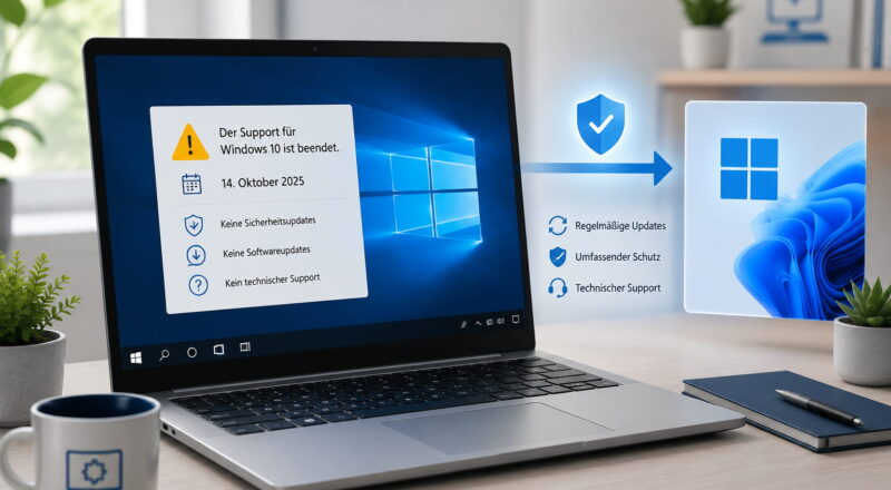 Windows 10 Support abgelaufen: Laptop mit Hinweis zum Support-Ende und Wechsel auf Windows 11
