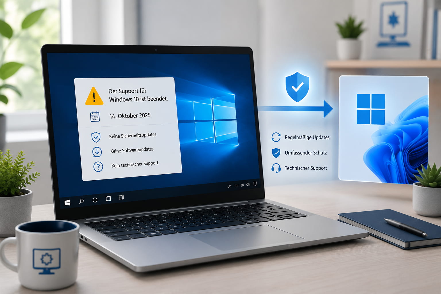 Windows 10 Support abgelaufen: Laptop mit Hinweis zum Support-Ende und Wechsel auf Windows 11