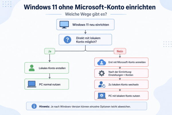 Windows 11 ohne Microsoft-Konto einrichten Ablaufgrafik zum Einrichten von Windows 11 ohne Microsoft-Konto mit lokalem Konto