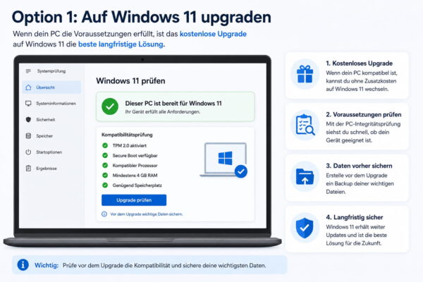 Windows 11 Upgrade prüfen und vorbereiten Infografik zum Upgrade von Windows 10 auf Windows 11 mit Kompatibilitätsprüfung und den wichtigsten Voraussetzungen