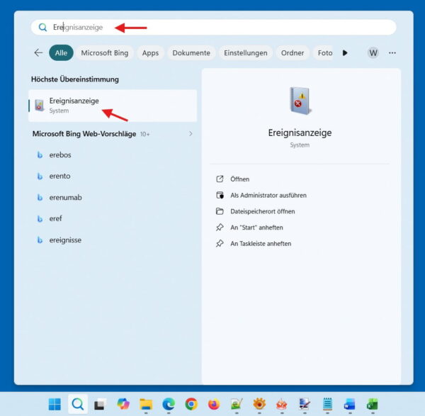 Ereignisanzeige über die Windows-Suche öffnen