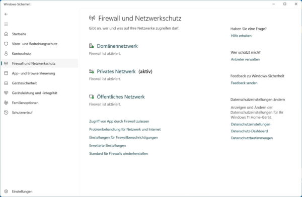 Windows-Sicherheit mit Firewall- und Netzwerkschutz für private und öffentliche Netzwerke