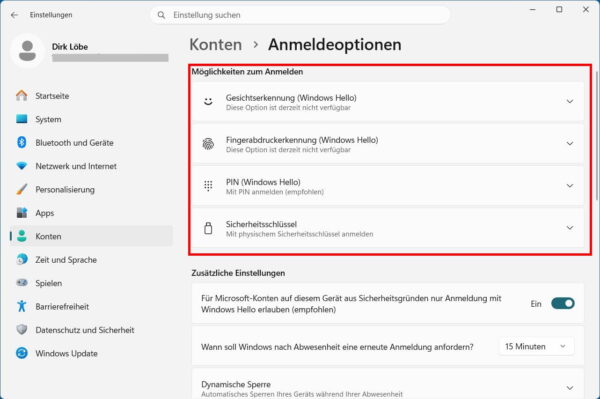 Windows Hello Anmeldeoptionen in Windows 11 Windows Hello Anmeldeoptionen in den Windows 11 Einstellungen mit PIN, Fingerabdruck und Gesichtserkennung