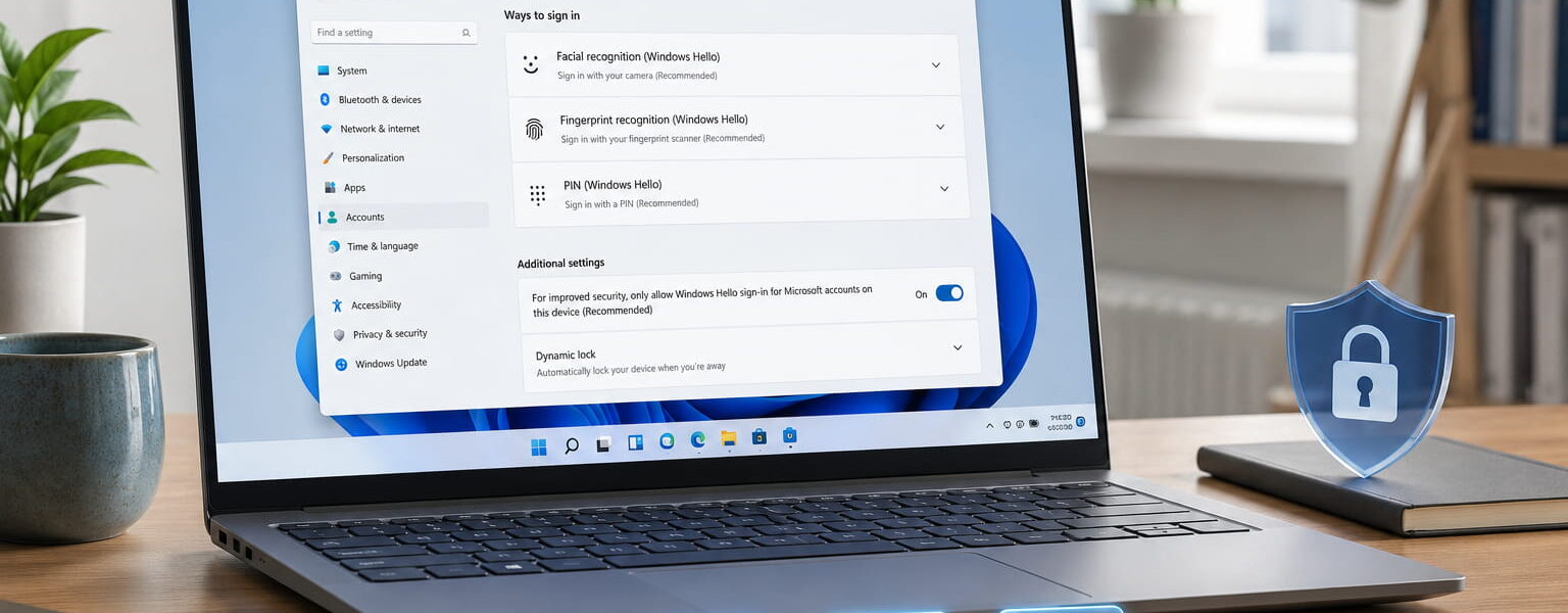 Laptop mit Windows Hello Anmeldeoptionen für PIN, Fingerabdruck und Gesichtserkennung unter Windows 11