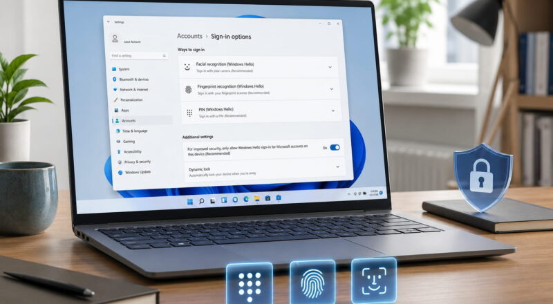 Laptop mit Windows Hello Anmeldeoptionen für PIN, Fingerabdruck und Gesichtserkennung unter Windows 11