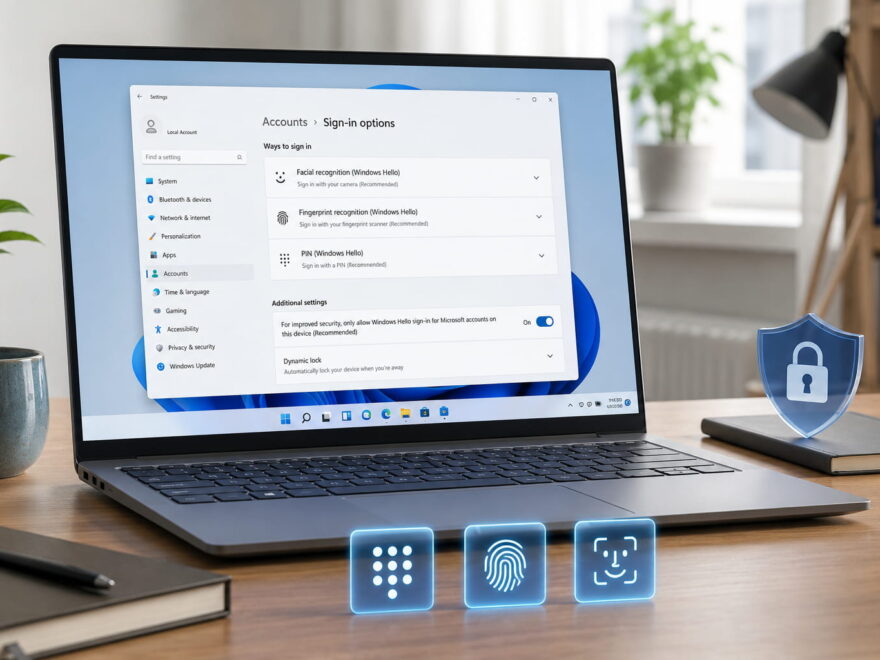 Laptop mit Windows Hello Anmeldeoptionen für PIN, Fingerabdruck und Gesichtserkennung unter Windows 11