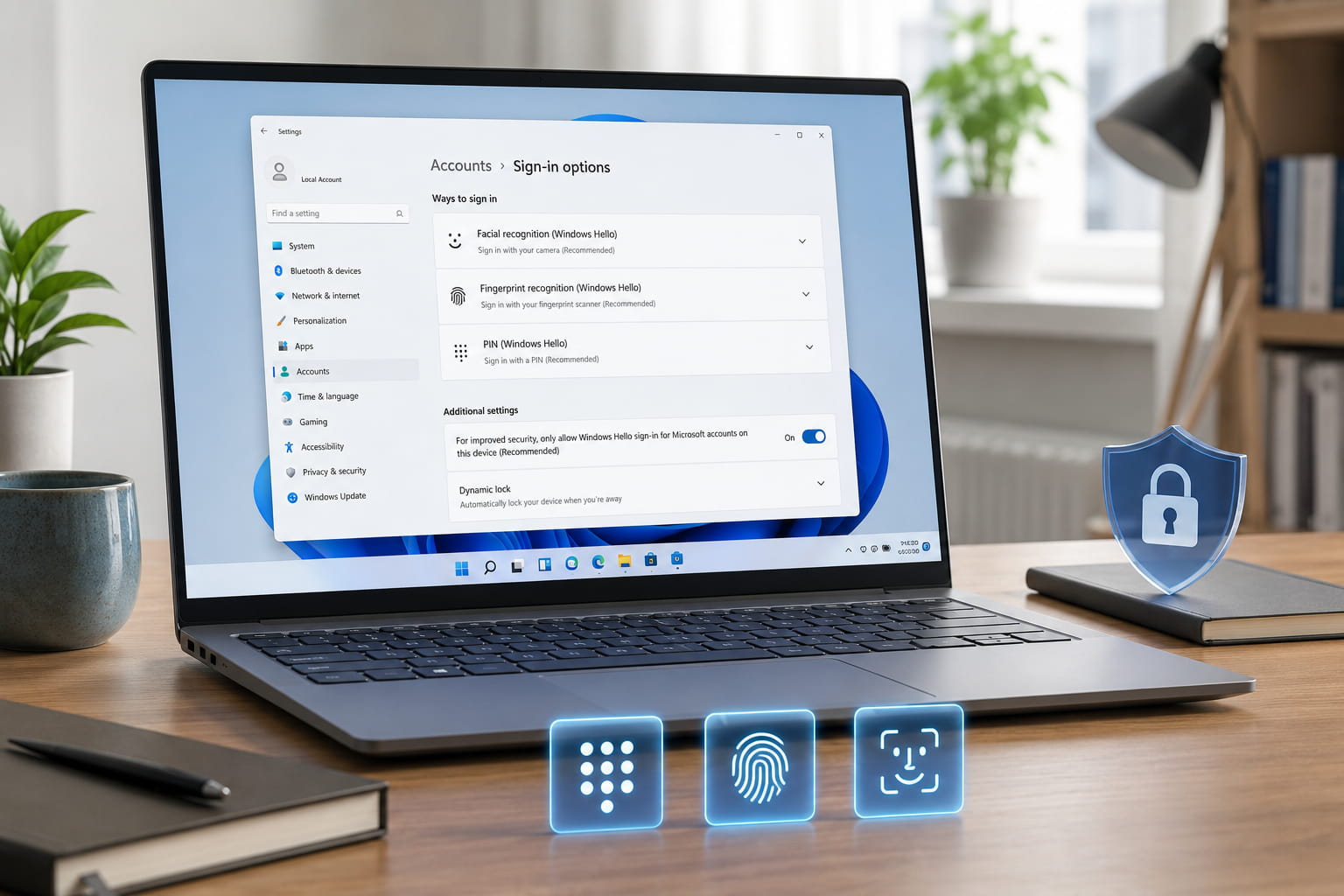 Laptop mit Windows Hello Anmeldeoptionen für PIN, Fingerabdruck und Gesichtserkennung unter Windows 11