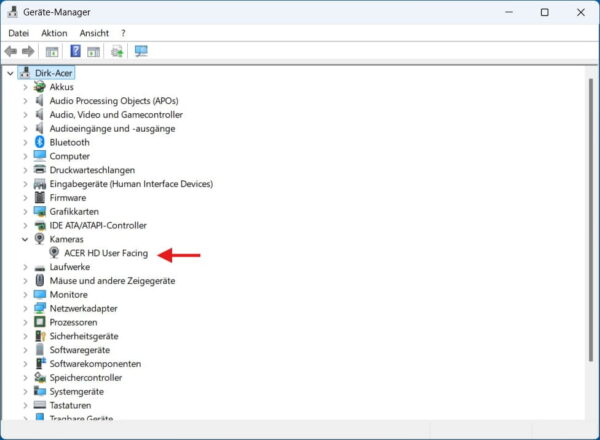 Windows Hello Kamera im Geräte-Manager prüfen Windows 11 Geräte-Manager mit erkannter Kamera als mögliche Ursache bei Problemen mit Windows Hello