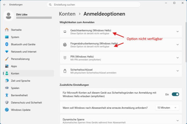 Windows Hello nicht verfügbar in Windows 11 Windows Hello in den Windows 11 Anmeldeoptionen mit dem Hinweis, dass Gesichtserkennung und Fingerabdruck derzeit nicht verfügbar sind