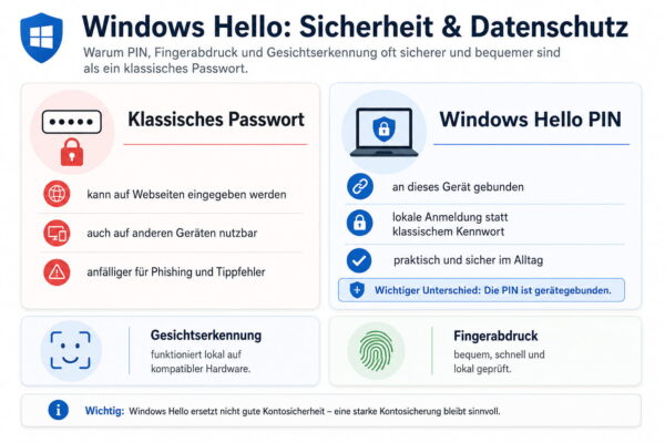 Windows Hello Sicherheit und Datenschutz Infografik zur Sicherheit von Windows Hello mit Vergleich zwischen klassischem Passwort und gerätegebundener PIN