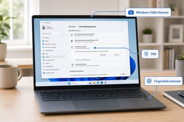 Voraussetzungen für Windows Hello Laptop mit Windows-Hello-Kamera, Fingerabdrucksensor und PIN als Voraussetzungen für Windows Hello