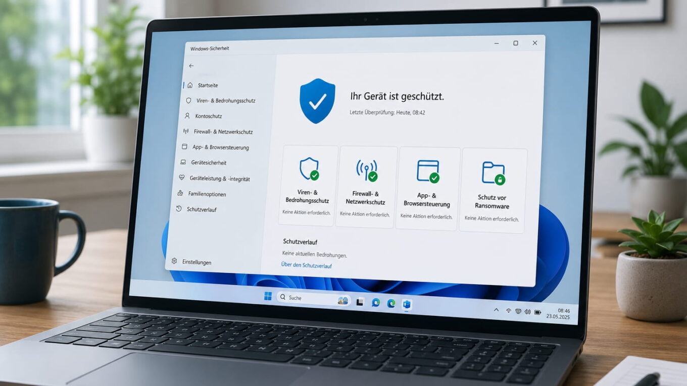 Laptop mit Windows-Sicherheit und geschütztem Windows-PC auf dem Bildschirm