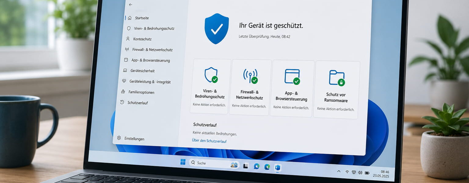 Laptop mit Windows-Sicherheit und geschütztem Windows-PC auf dem Bildschirm