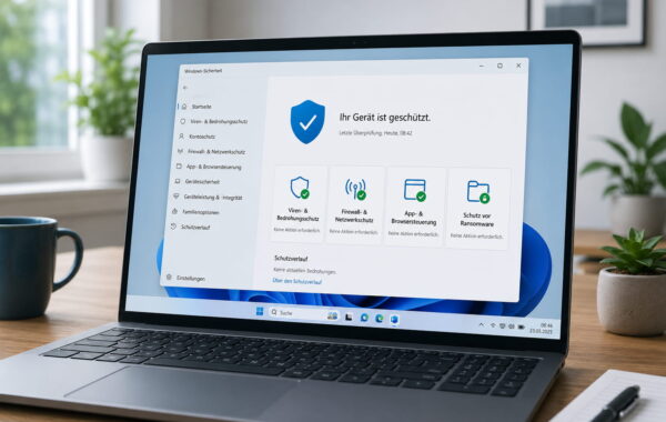 Laptop mit Windows-Sicherheit und geschütztem Windows-PC auf dem Bildschirm