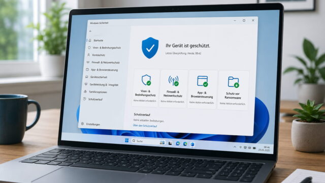 Laptop mit Windows-Sicherheit und geschütztem Windows-PC auf dem Bildschirm