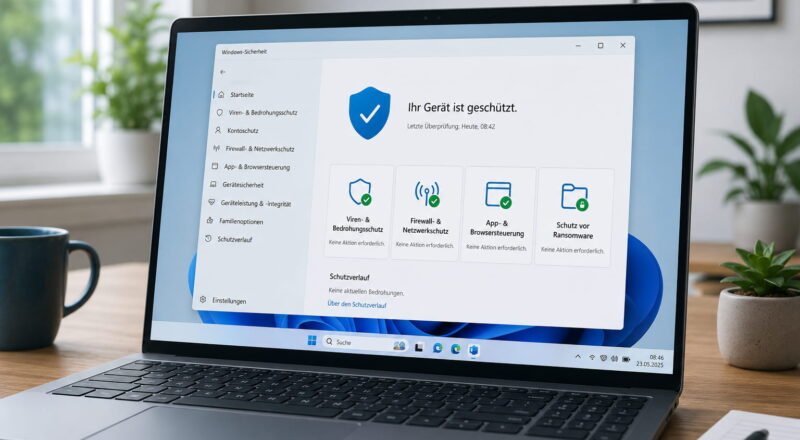 windows sicherheit schutz Laptop mit Windows-Sicherheit und geschütztem Windows-PC auf dem Bildschirm