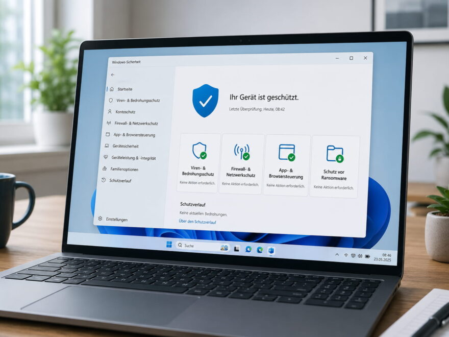 Laptop mit Windows-Sicherheit und geschütztem Windows-PC auf dem Bildschirm