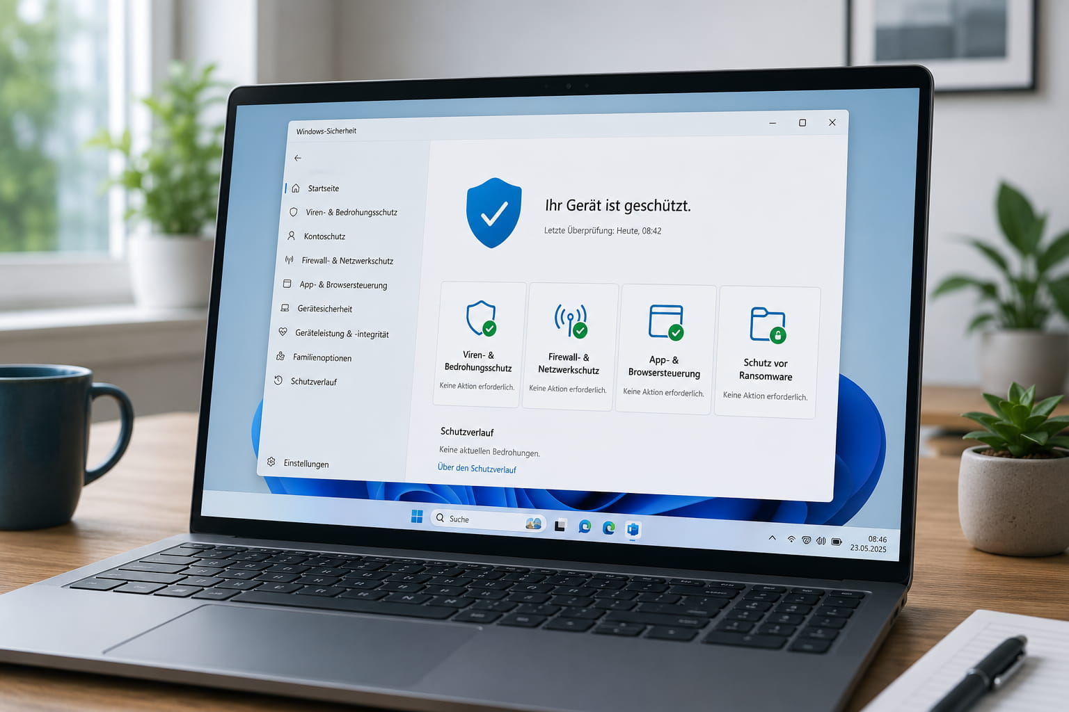Laptop mit Windows-Sicherheit und geschütztem Windows-PC auf dem Bildschirm