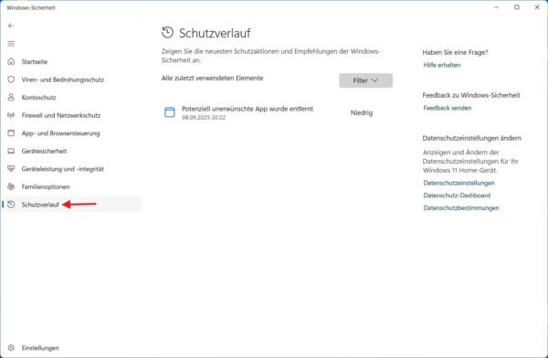 Windows-Sicherheit Schutzverlauf mit Hinweis auf erkannte Bedrohung und Exploit-Warnung