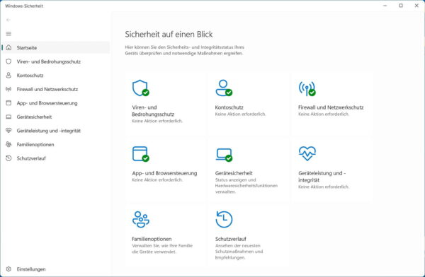 Windows-Sicherheit Übersicht mit Virenschutz, Firewall, App- und Browsersteuerung sowie Gerätesicherheit
