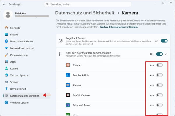 App-Berechtigungen für Kamera prüfen, wenn Windows Fehler 0x80070005 Zugriff verweigert meldet