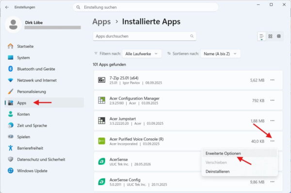 Erweiterte App-Optionen in Windows öffnen, um Fehler 0x80070005 zu beheben
