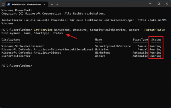 Defender-Dienste bei Fehler 0x80070422 per PowerShell prüfen