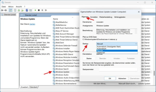 Starttyp des Windows-Update-Dienstes bei Fehler 0x80070422 prüfen