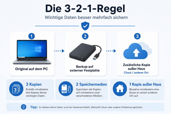 3-2-1-Regel für sichere Langzeitarchivierung von Daten Infografik zur 3-2-1-Regel für die Langzeitarchivierung von Daten mit PC, externer Festplatte und Cloud