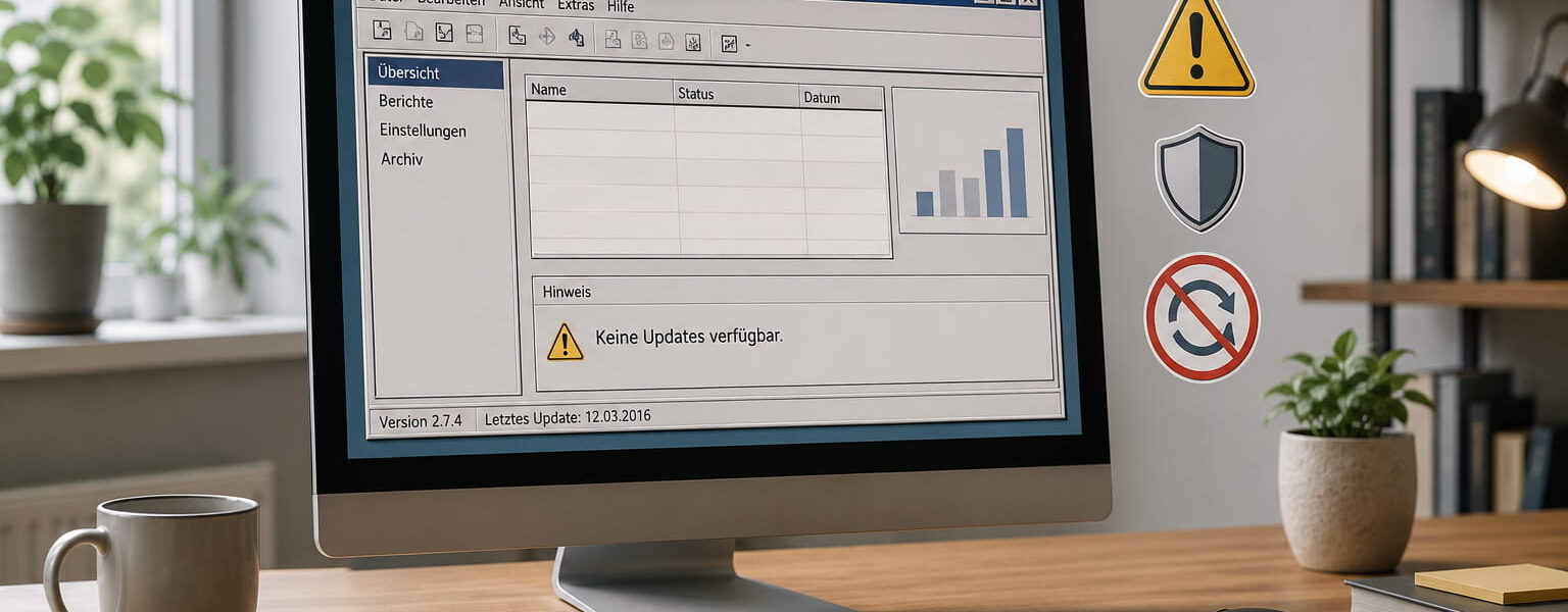Alte Software auf einem Windows-PC mit Hinweis auf fehlende Updates und mögliche Sicherheitsrisiken