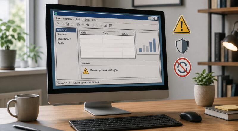 Alte Software auf einem Windows-PC mit Hinweis auf fehlende Updates und mögliche Sicherheitsrisiken