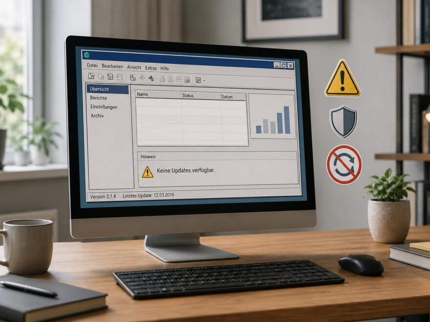 Alte Software auf einem Windows-PC mit Hinweis auf fehlende Updates und mögliche Sicherheitsrisiken
