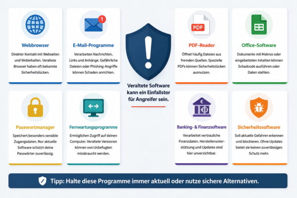 Alte Software: Diese Programme sind besonders riskant Infografik zeigt Programme, bei denen alte Software ein besonderes Sicherheitsrisiko darstellen kann