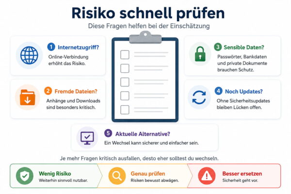 Alte Software: Risiko mit einfacher Checkliste einschätzen Checkliste zur Einschätzung von Risiken bei alter Software mit Fragen zu Updates, Internetzugriff und sensiblen Daten