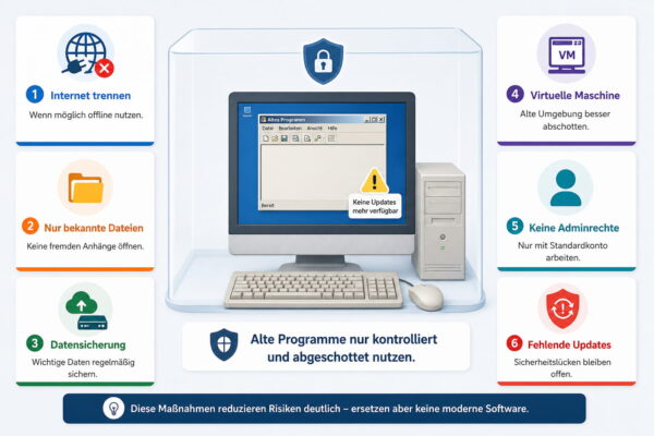 Alte Software sicherer und kontrolliert weiter nutzen Infografik mit Maßnahmen, um alte Software sicherer und möglichst abgeschottet weiter zu nutzen
