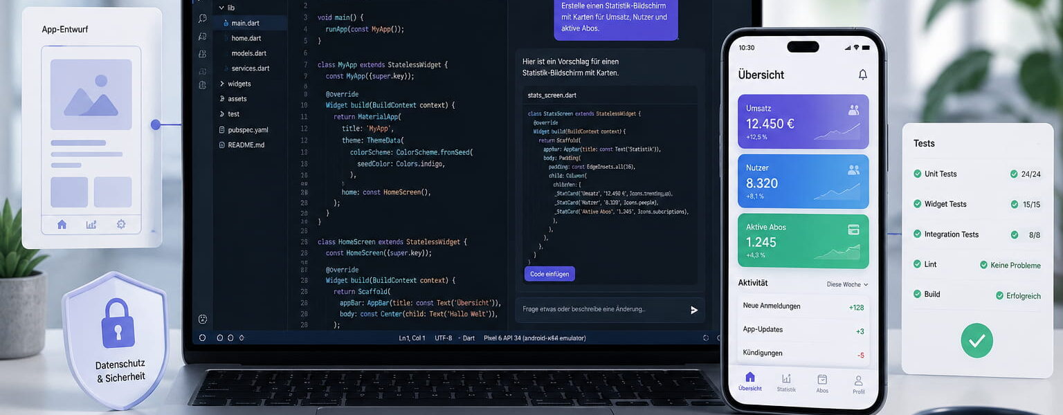 App-Entwicklung mit KI mit Code-Editor, KI-Assistent, Smartphone-App, Tests und Datenschutz