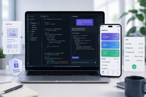 App-Entwicklung mit KI mit Code-Editor, KI-Assistent, Smartphone-App, Tests und Datenschutz